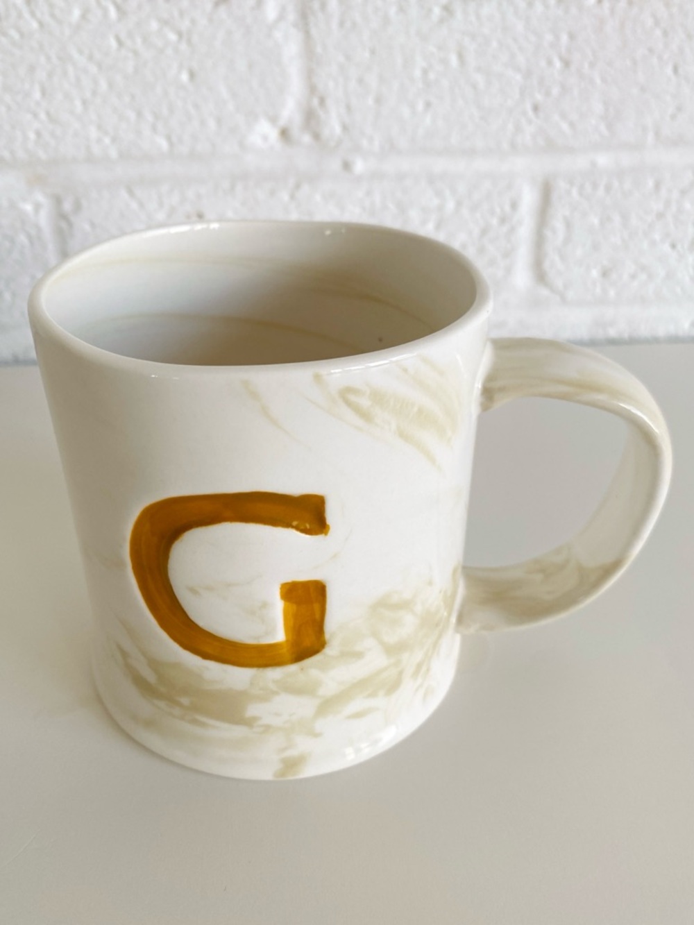 Anthropologie Cream Marbled Mug with Gold G Monogram Coffee Tea